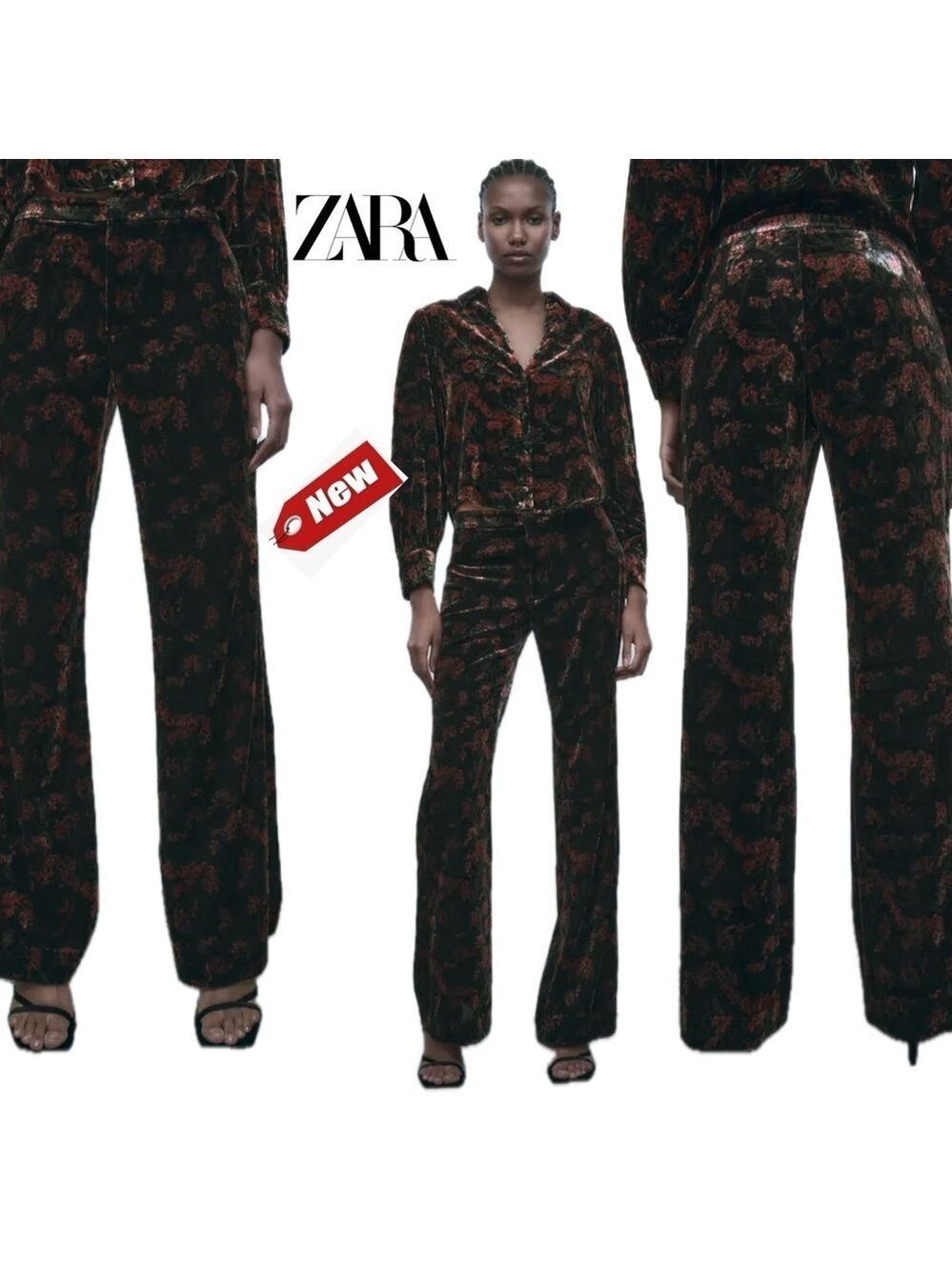 Zara The Charlotte black wide leg velvet floral trouser pants Sz S NWT